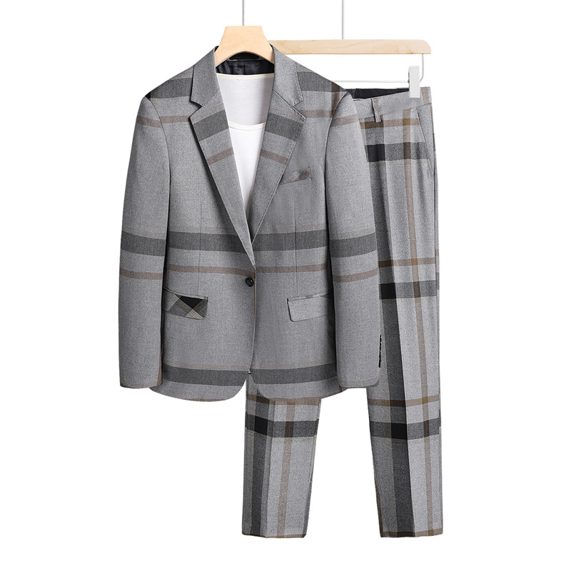 Latest Jacket Pants Design Grey Plaid Men&s Suit Fitting Elegant Tuxedo Wedding Business Party Dress Summer Jackets and Pants